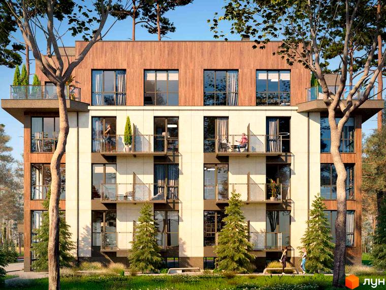 Клубний будинок-2: фасади з дерев'яним оздобленням та балконами, зелена прибудинкова територія з деревами та людьми.