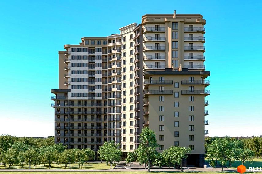 Багатоповерхова новобудова ЖК Мілос з балконами та терасами. Навколо будинку зелена зона з деревами та газонами.