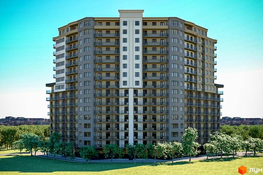 Житловий комплекс Мілос. Багатоповерхова будівля з балконами та великими вікнами. Поруч зелена зона з деревами та газоном.