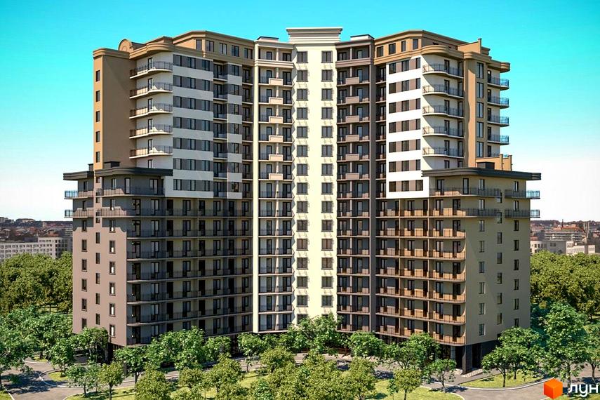 Житловий комплекс Мілос. Висотна будівля з балконами та панорамними вікнами. Зелена прибудинкова територія з деревами.