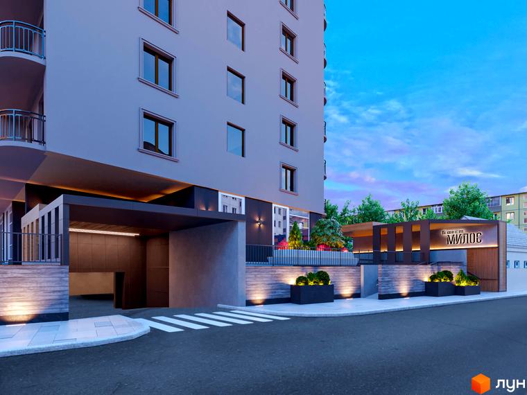 Зображення сторінки житлового комплексу Мілос. Висотна будівля з великими вікнами та підземним паркінгом. На прибудинковій території розташовані декоративні рослини та доріжки.