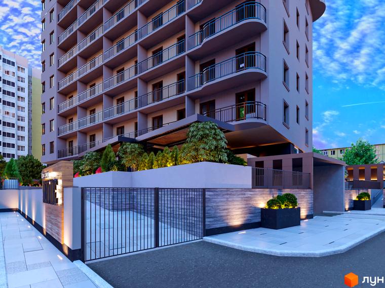 Житловий комплекс Milos. Багатоповерховий будинок з балконами та терасами. На прибудинковій території є зелені насадження, вхідна група з воротами та освітленням.