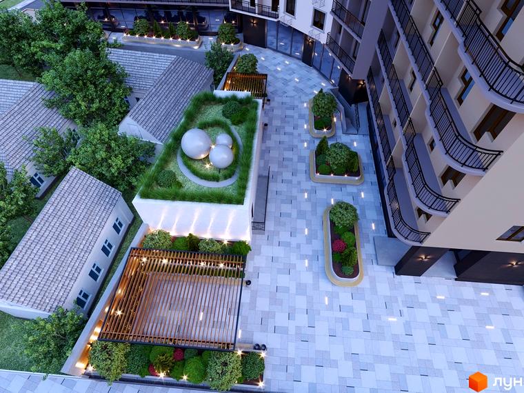 Зображення житлового комплексу Мілос. Архітектура будинку з балконами та прибудинкова територія з ландшафтним дизайном, декоративними елементами та освітленням.