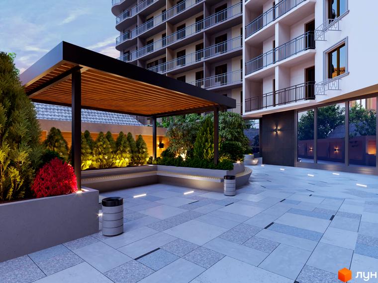 Зображення житлового комплексу Мілос. Багатоповерховий будинок з балконами та великою прибудинковою територією з ландшафтним дизайном, альтанкою та місцями для відпочинку.