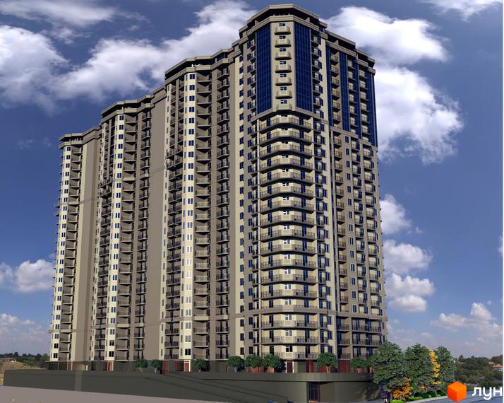 Висотна новобудова ЖК Родос з балконами та панорамним склінням. На прибудинковій території висаджені дерева та кущі.