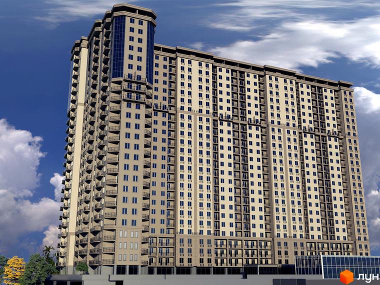 Висотна будівля ЖК Родос з безліччю вікон та балконами. На передньому плані видно частину прибудинкової території.