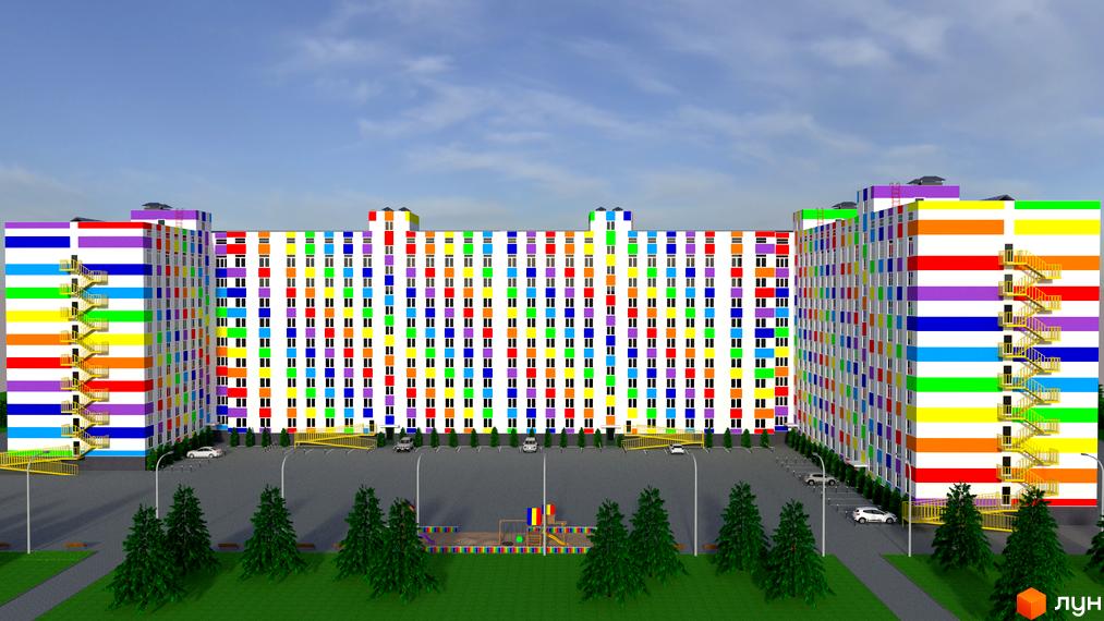 Житловий комплекс Воробйовi гори на полях-3 - яскрава новобудова з різнокольоровими фасадами та дитячим майданчиком на прибудинковій території.