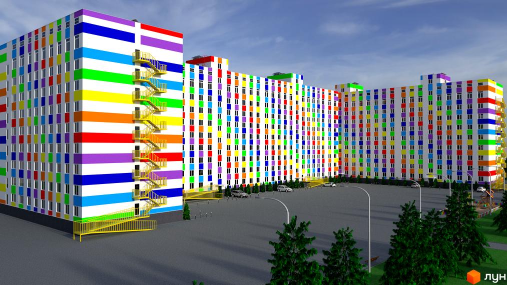 Житловий комплекс Воробйовi гори на полях-3 з яскравим фасадом у кольорах веселки та жовтими зовнішніми сходами. На прибудинковій території розташовані дерева та паркувальні місця.