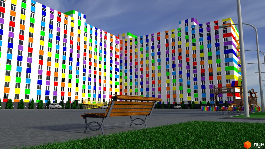 Житловий комплекс Воробйовi гори на полях-3 з фасадом, оздобленим різнокольоровими квадратами, та прибудинковою територією з лавкою і дитячим майданчиком.