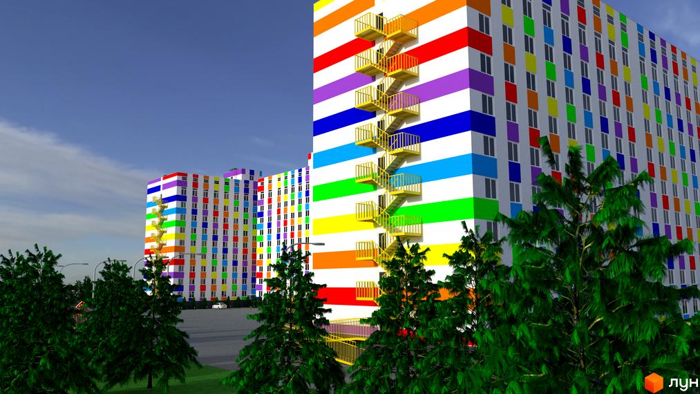 Житловий комплекс Воробйовi гори на полях-3 – це яскрава новобудова з фасадом, розфарбованим у кольори веселки, та зовнішніми металевими сходами. Навколо комплексу розташовані зелені дерева та облаштована територія.