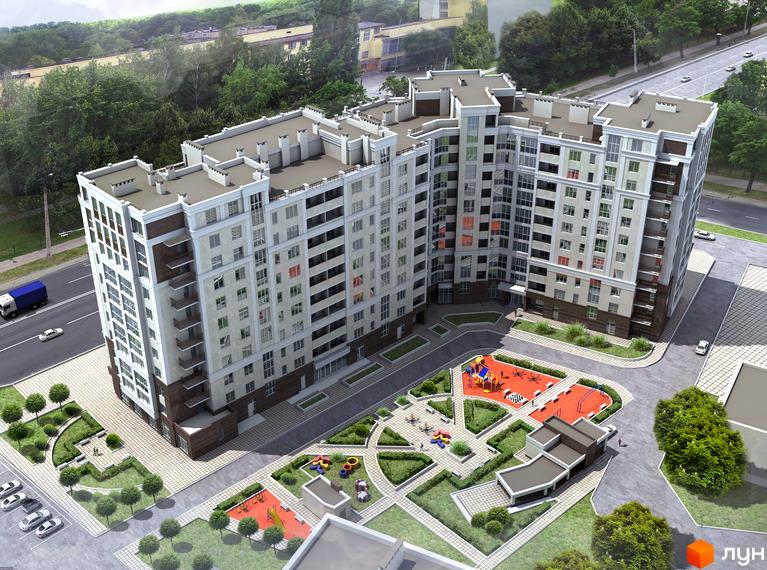 Житловий комплекс Шевченківський - багатоповерховий будинок з балконами та панорамними вікнами, поруч дитячий майданчик та зелена зона.