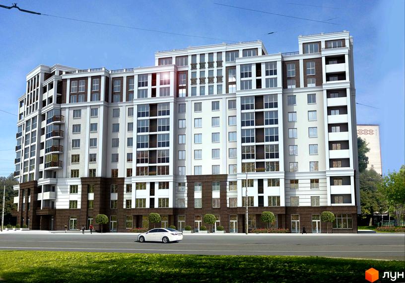 Житловий комплекс Шевченківський - це багатоповерхова новобудова з цегляним оздобленням та великою кількістю вікон. Перед будинком розташована дорога з автомобілем та зелена зона.