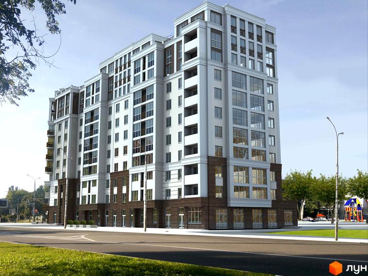 Житловий комплекс Шевченківський – це багатоповерхова новобудова з білими фасадами, коричневими вставками та великою кількістю скління. Навколо будинку облаштована прибудинкова територія з деревами та дитячим майданчиком.