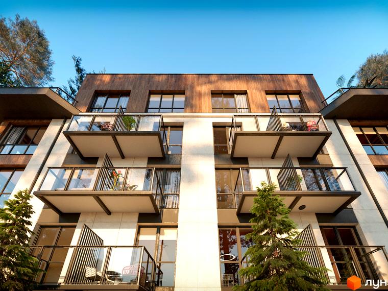 Фасад житлового комплексу Клубний будинок-2 з балконами та вікнами. Навколо будинку ростуть дерева.