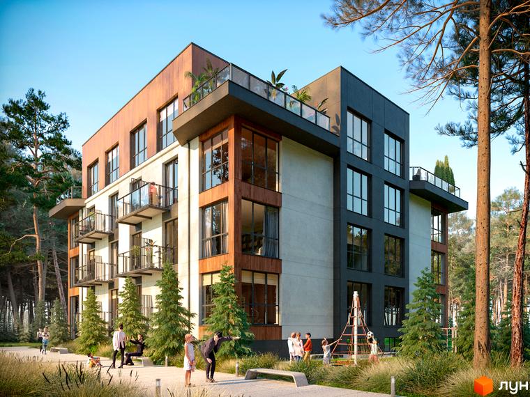 Житловий комплекс Клубний будинок-2 з дерев'яними та сірими фасадами, балконами та великими вікнами, розташований серед соснового лісу з дитячим майданчиком.