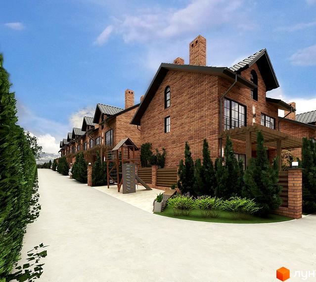 КМ Львівський: цегляні будинки з темним дахом та зеленими насадженнями біля них. Прибудинкова територія з дитячим майданчиком та доріжками.