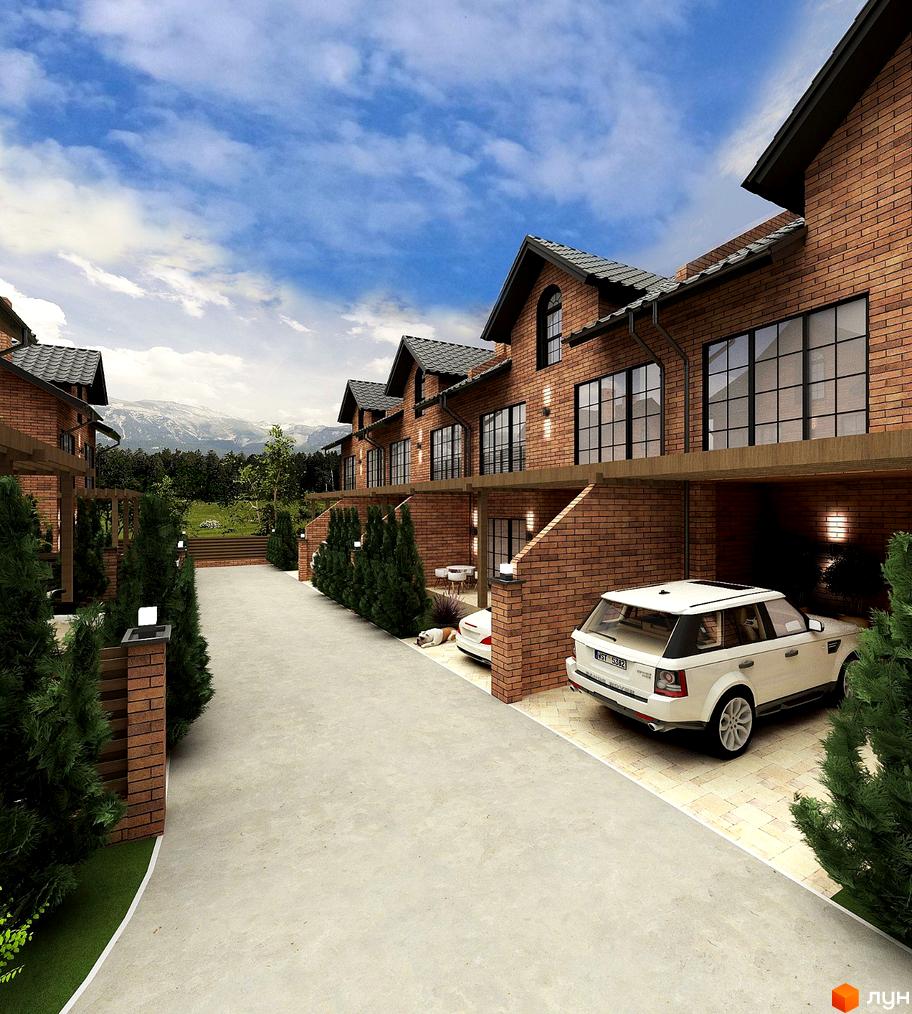 Котеджне містечко КМ Львівський: цегляні будинки з великими вікнами та доглянута прибудинкова територія з деревами та автомобілями. Затишна атмосфера для життя біля гір.