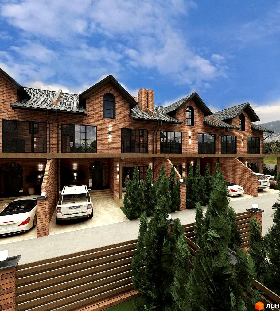 Котеджне містечко КМ Львівський: цегляні будинки з темним дахом та великими вікнами, прибудинкова територія з деревами та автомобілями.