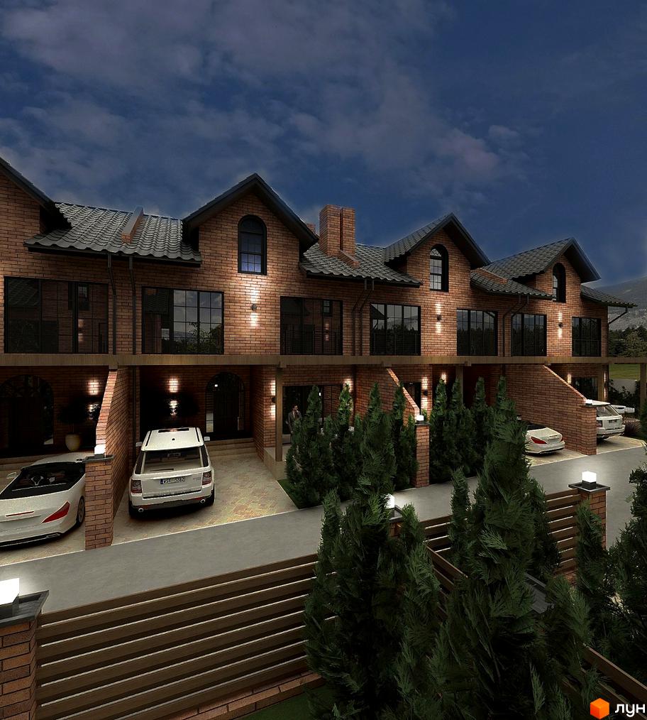 КМ Львівський: цегляні будинки з темними дахами та великими вікнами, перед якими розташовані зелені насадження та автомобілі.