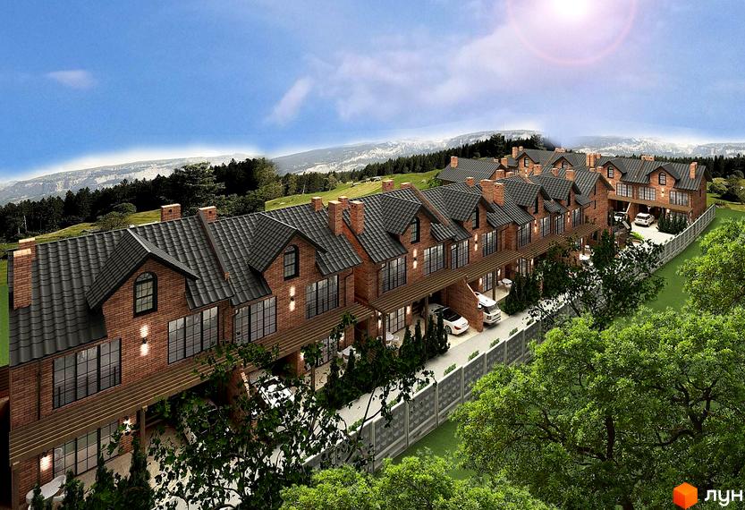 Котеджне містечко Львівський – це цегляні будинки з темними дахами та великими вікнами, розташовані на схилі пагорба з мальовничим краєвидом. На території комплексу є паркомісця та зелені насадження.