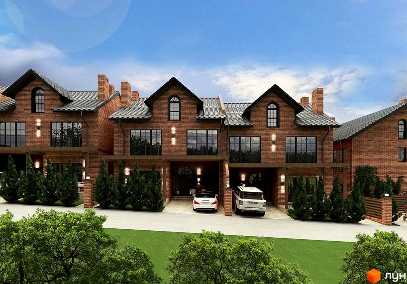 Котеджне містечко КМ Львівський: цегляні будинки з темним дахом, великими вікнами та індивідуальними гаражами, оточені зеленими насадженнями та доглянутою прибудинковою територією.