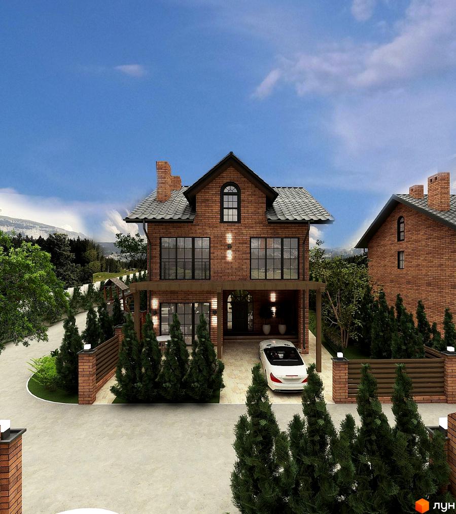 Котеджне містечко КМ Львівський: цегляний двоповерховий будинок з великими вікнами та доглянутою прибудинковою територією з туями та парканом.