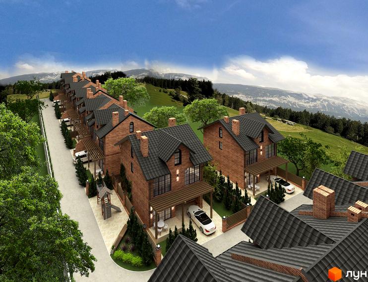 Котеджне містечко Львівський: цегляні будинки з чорними дахами, розташовані на схилі гори з зеленими деревами та гірським пейзажем. Прибудинкова територія включає дороги, парковки та дитячий майданчик.
