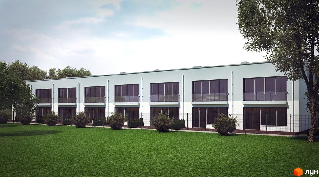 Сучасні таунхауси topDom town з великими вікнами та балконами, оточені доглянутим газоном та деревами. Зовнішній вигляд будівель та прибудинкова територія.