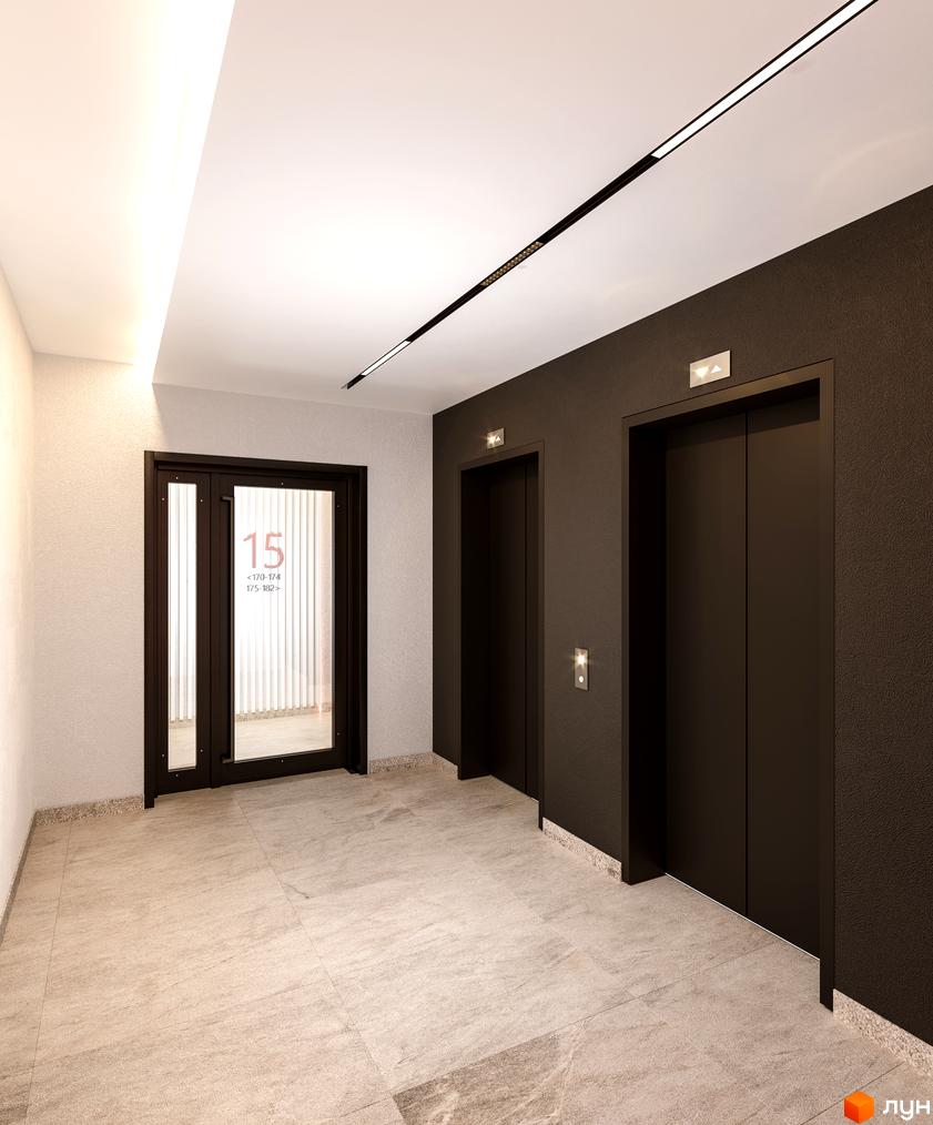 Інтер'єр поверху Житлового комплексу Берег Дніпра з ліфтами та вхідними дверима до квартири.