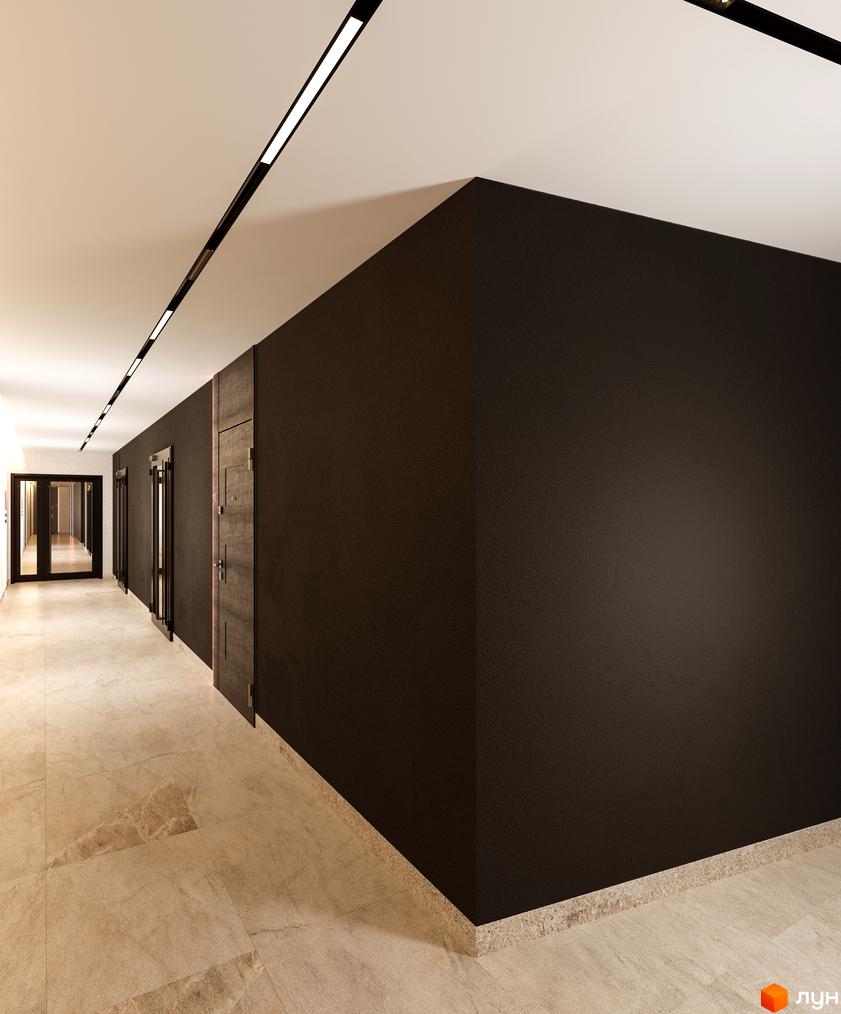 Інтер'єр коридору в Житловому комплексі Берег Дніпра з темними стінами та світлою підлогою. Удалині видно двері та прохід.