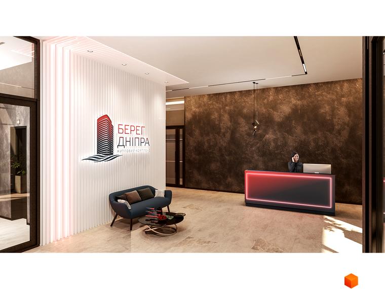 Інтер'єр холу Житлового комплексу Берег Дніпра з диваном та рецепцією. Вигляд оздоблення та освітлення вхідної зони.