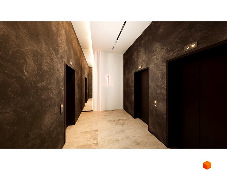 Інтер'єр поверху з ліфтами в Житловому комплексі Берег Дніпра. Коридор з дверима ліфтів та номером поверху.