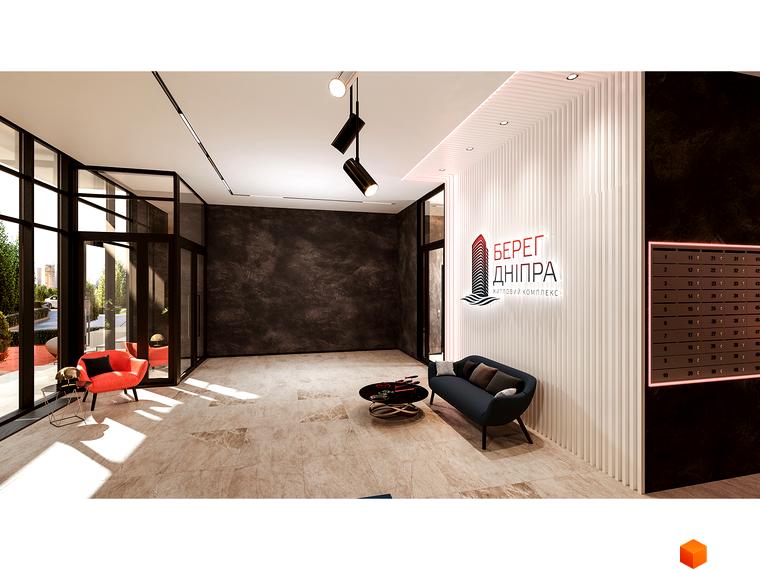 Сучасний житловий комплекс Берег Дніпра з елегантним лобі та зручними меблями. Оцініть комфорт та стиль вашого майбутнього дому.