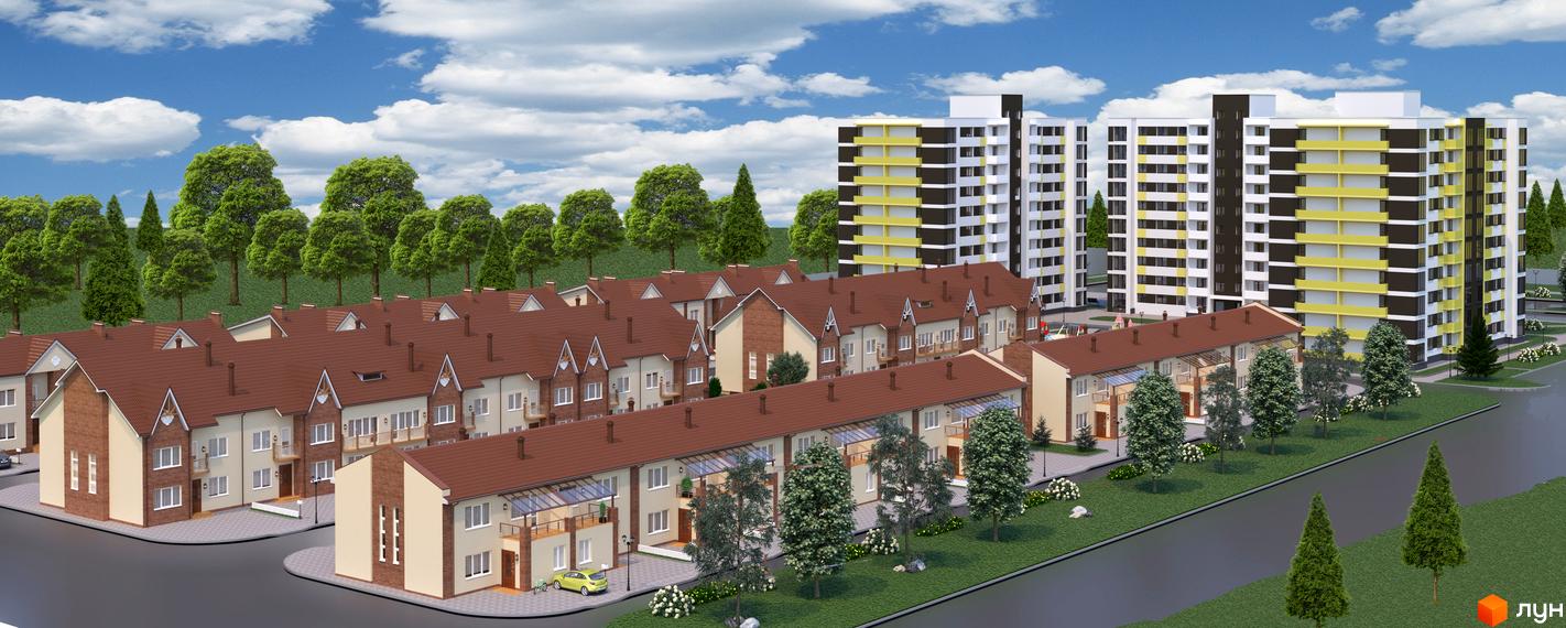 Зовнішній вигляд таунхаусів Новий Парковий з червоними дахами та цегляними фасадами, на тлі багатоповерхових будинків та зеленої території.