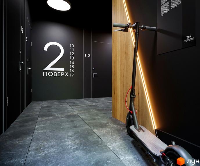 Житловий комплекс OBRIY2. Сучасний коридор з дверима та ліфтом, номер поверху