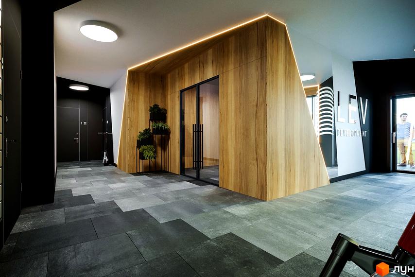 Сучасний хол житлового комплексу OBRIY2 з дерев'яними панелями та стильним освітленням. Вхідна група з дверима та вікнами, що ведуть назовні.