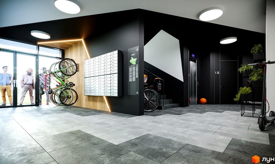 Дизайн холу житлового комплексу OBRIY2 з місцями для зберігання велосипедів, поштовими скриньками та ліфтом. Сучасний інтер'єр з акцентом на функціональність та естетику.
