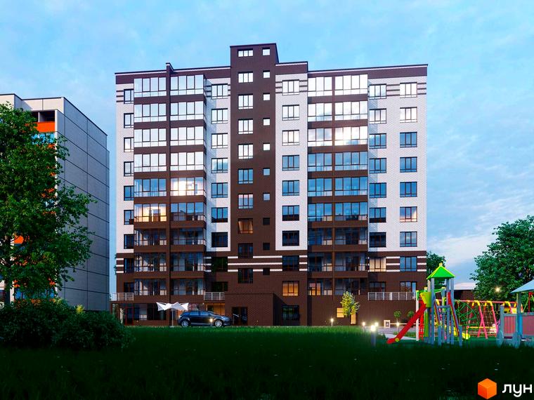 Зовнішній вигляд житлового комплексу Егоїст з фасадом з білої та коричневої цегли, великими вікнами та балконами. Поруч розташований дитячий майданчик та зелена зона.