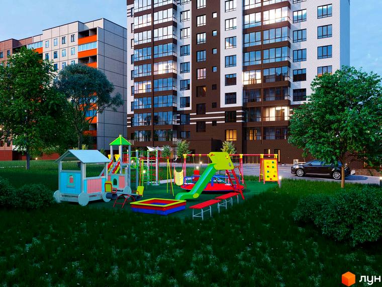 Житловий комплекс Егоїст: сучасні багатоповерхові будинки з цегляним фасадом та дитячим майданчиком на зеленій території.