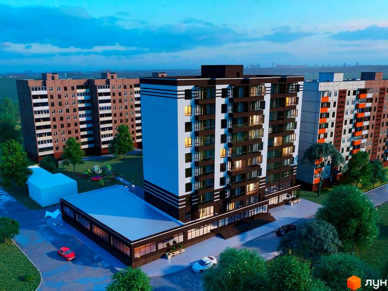 Зовнішній вигляд новобудови ЖК Егоїст з фасадами з білої цегли та темних панелей, прибудинкова територія з деревами та дитячим майданчиком.