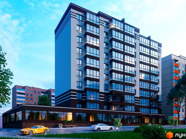 Новобудова ЖК Егоїст з цегляним фасадом та панорамними вікнами. Прибудинкова територія з автомобілями та зеленими насадженнями.