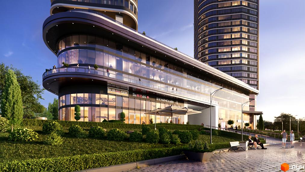 Rusaniv Residence: фасад новобудови з панорамними вікнами та балконами, поруч зелена прибудинкова територія з лавками та людьми.