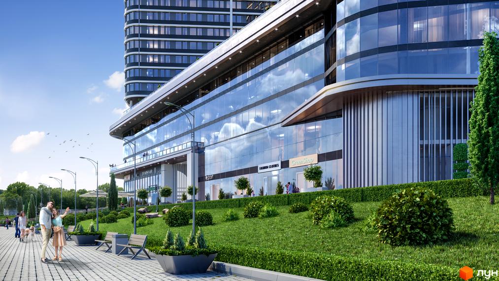 Rusaniv Residence: фасади будівлі з панорамним склінням та зелена прибудинкова територія з місцями для відпочинку.