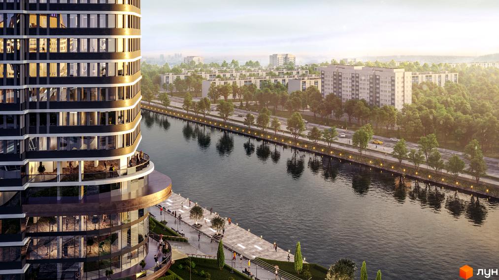 Rusaniv Residence: висотна новобудова з панорамними вікнами та балконами біля річки з набережною та зеленими зонами. Комплекс розташований серед міського пейзажу з іншими будівлями та деревами.