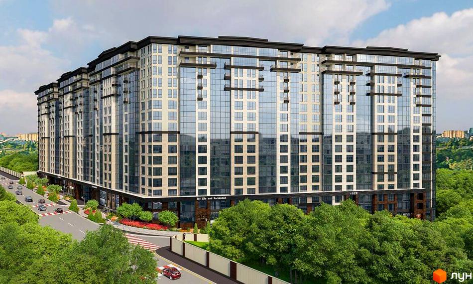 Зовнішній вигляд новобудови ЖК Crystal Towers з великою кількістю скляних фасадів та балконів. Прибудинкова територія з дорогою, деревами та пішохідним переходом.