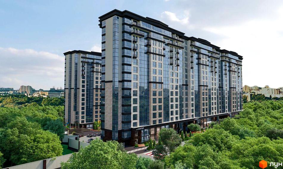 Сучасний житловий комплекс Crystal Towers з панорамним склінням та балконами, оточений зеленню. Навколо комплексу облаштована прибудинкова територія з дорогою та парковкою.