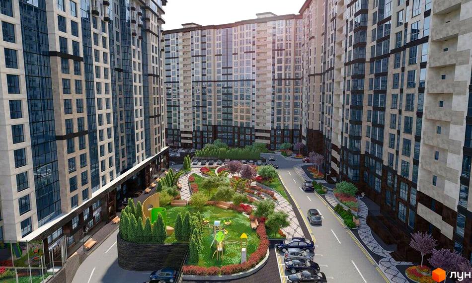 Зовнішній вигляд житлового комплексу Crystal Towers з багатоповерховими будинками та прибудинковою територією з дитячим майданчиком та зеленими зонами.