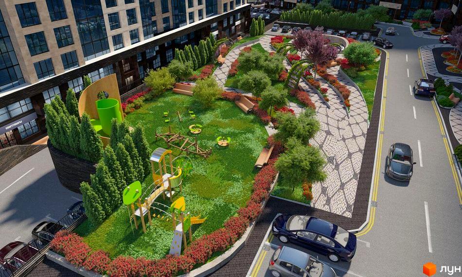Житловий комплекс Crystal Towers з дитячим майданчиком та ландшафтним дизайном. Сучасна архітектура та зелена зона для відпочинку.