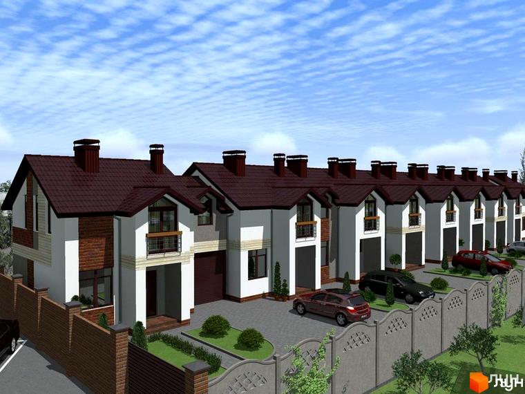 Таунхаус „Соборний“: сучасний житловий комплекс із двоповерховими будинками та доглянутою прибудинковою територією з парковками. Зовнішній вигляд будинків, фасади та дахи.