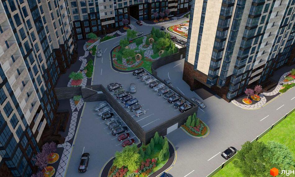 Житловий комплекс Crystal Towers: вид на будівлі та паркінг з автомобілями. Прибудинкова територія з зеленими насадженнями та пішохідними доріжками.